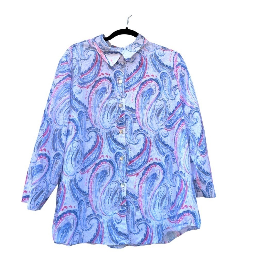 Alfred Dunner Blue Pink Paisley Button Front Blouse Women's XL Roll Tab Shirt - Picture 7 of 16